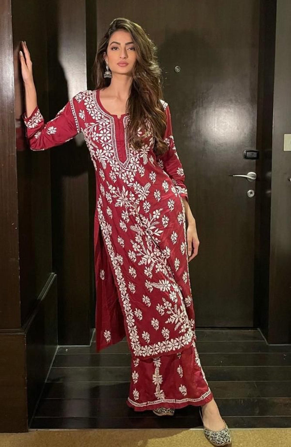 HEAVY RAYON COTTON FABRIC WID CHICKEN KARI STYLE EMBROIDERY WORK KURTI AND PLAZZO ET