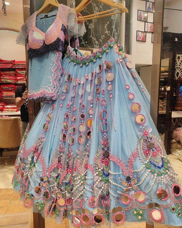 Launching 4 Meter Flare butterfly Real Mirror Sequins Embroidery work Lehenga BLOUSE with Cancan & Canvas Patta