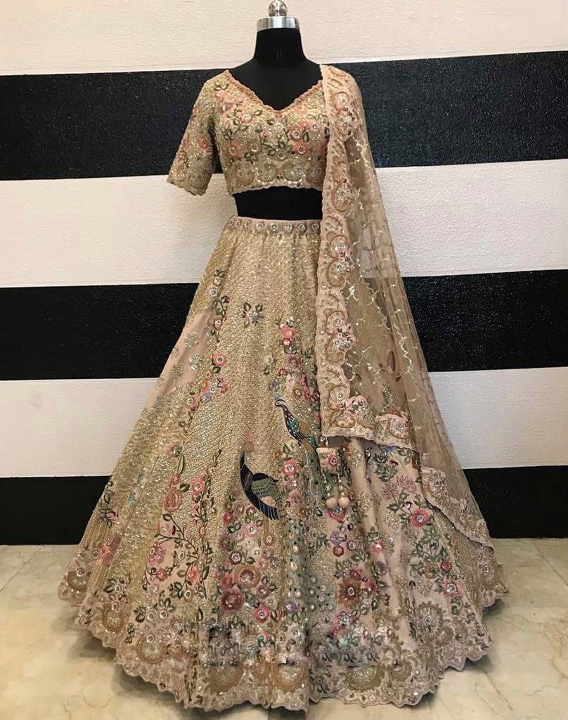 New Launching 4 Meter Flare Japan Satin Silk Embroidery Sequins work Lehenga blouse with Cancan & Canvas Patta