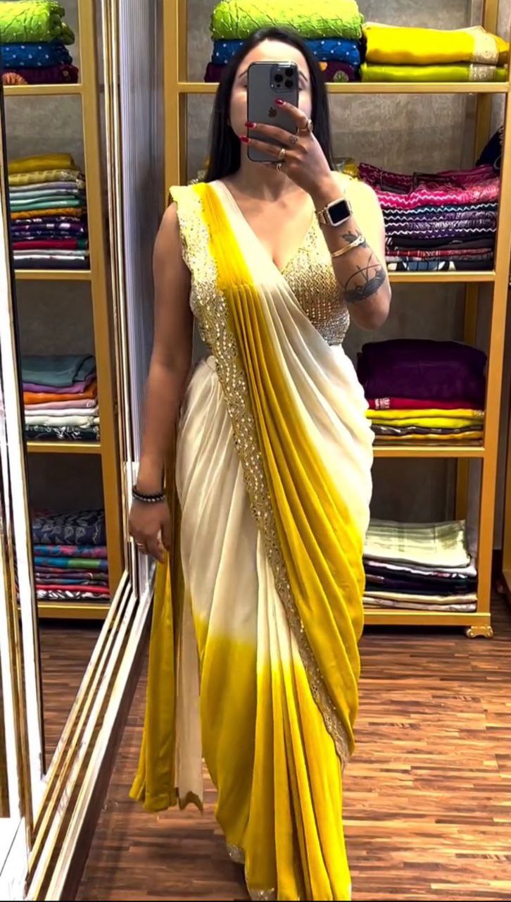 New Super Trending Embroidery Cording Work Ready To Wear Saree With Real Mirror Work With Embroidery Blouse