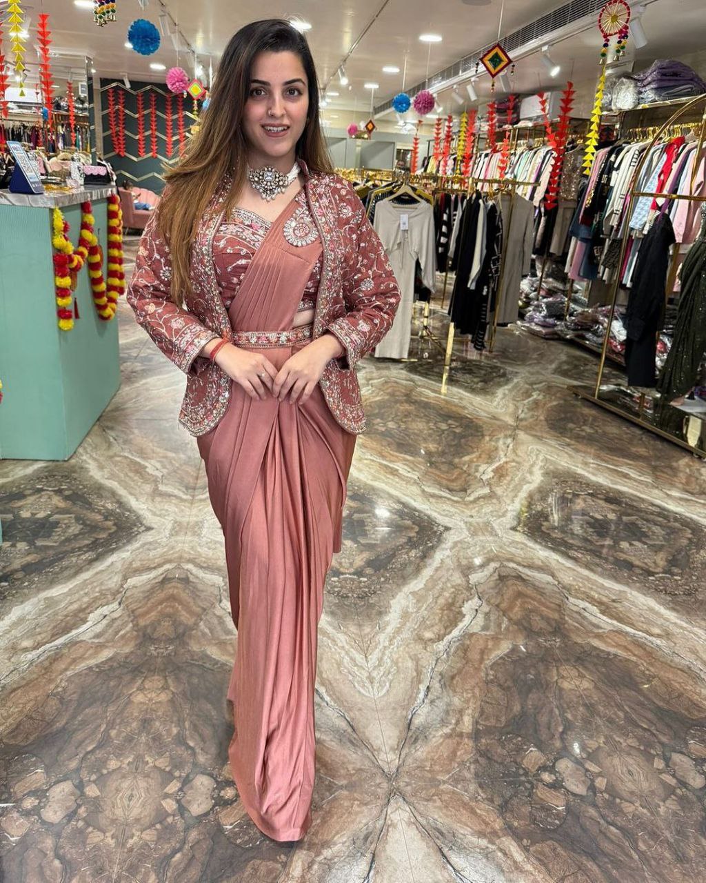 New Super Trending Embroidery Sequence work ready to wear saree with BLOUSE. full koti