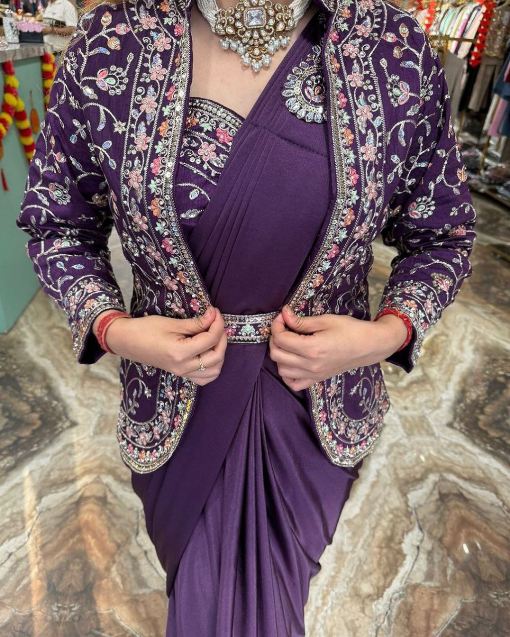 New Super Trending Embroidery Sequence work ready to wear saree with BLOUSE. full koti