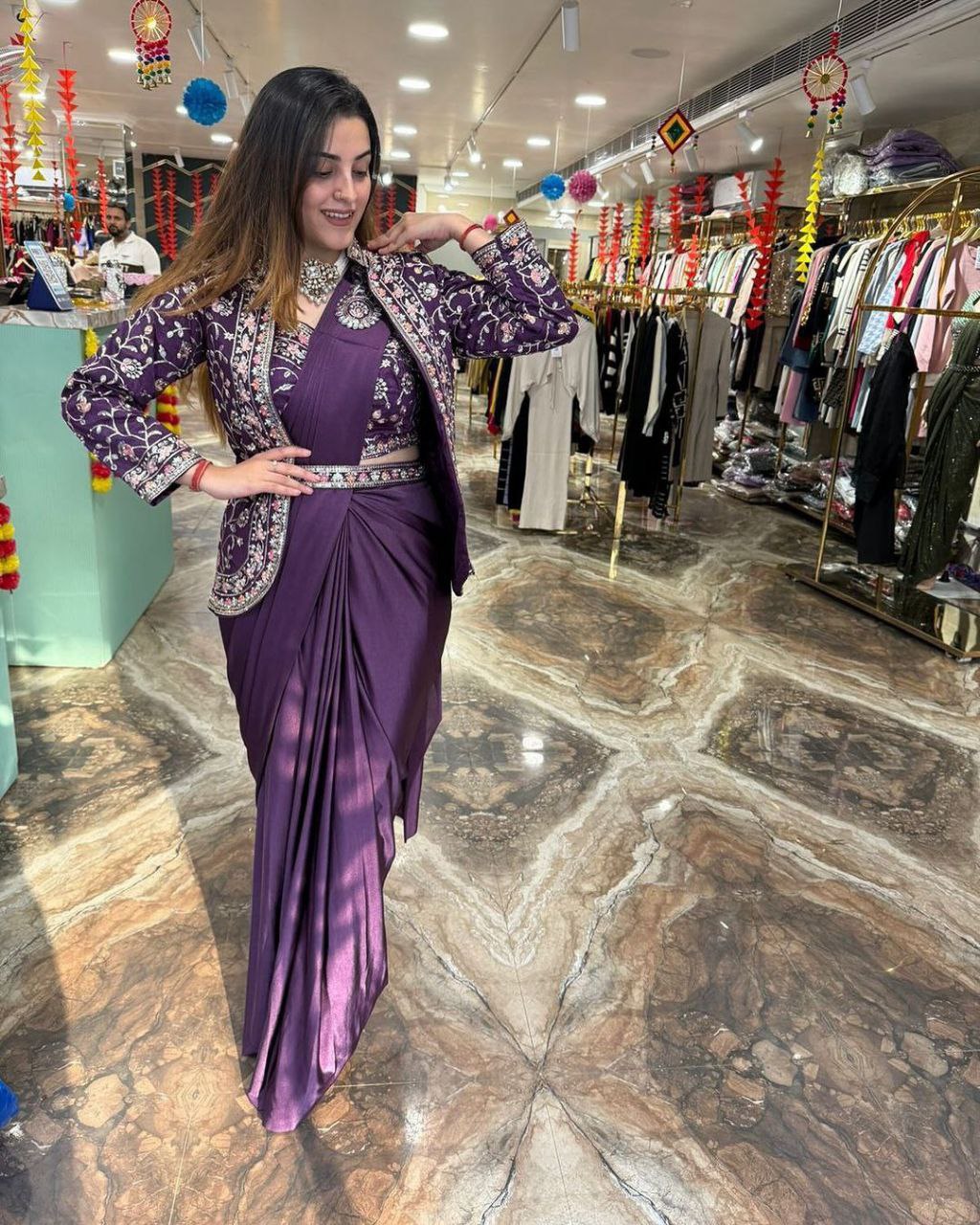 New Super Trending Embroidery Sequence work ready to wear saree with BLOUSE. full koti