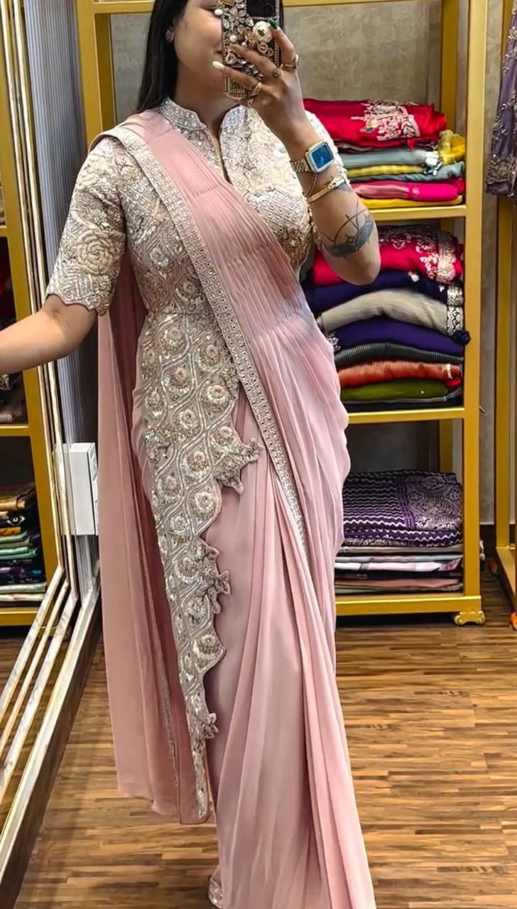 New Super Trending Embroidery cording work ready to wear saree with full koti
