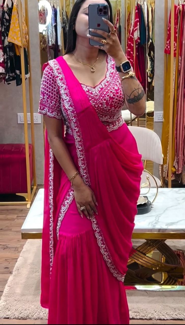 NEW DESIGNER PARTY WEAR LAHENGA SAREE WITH STICH BLOUSE WITH EMBROIDERY WORK
