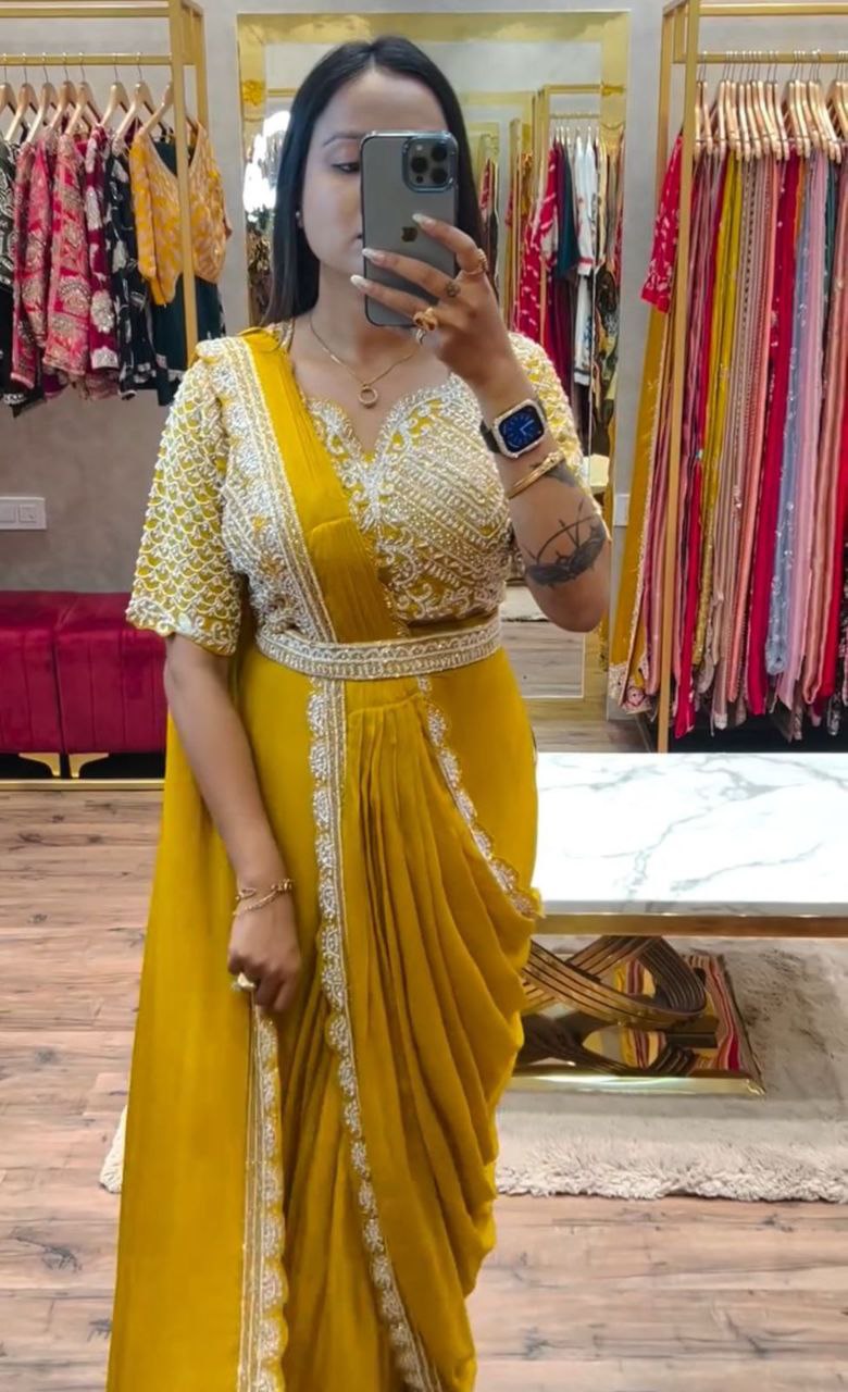 New Super Trending Embroidery cording work ready to wear saree with Embroidery Blouse