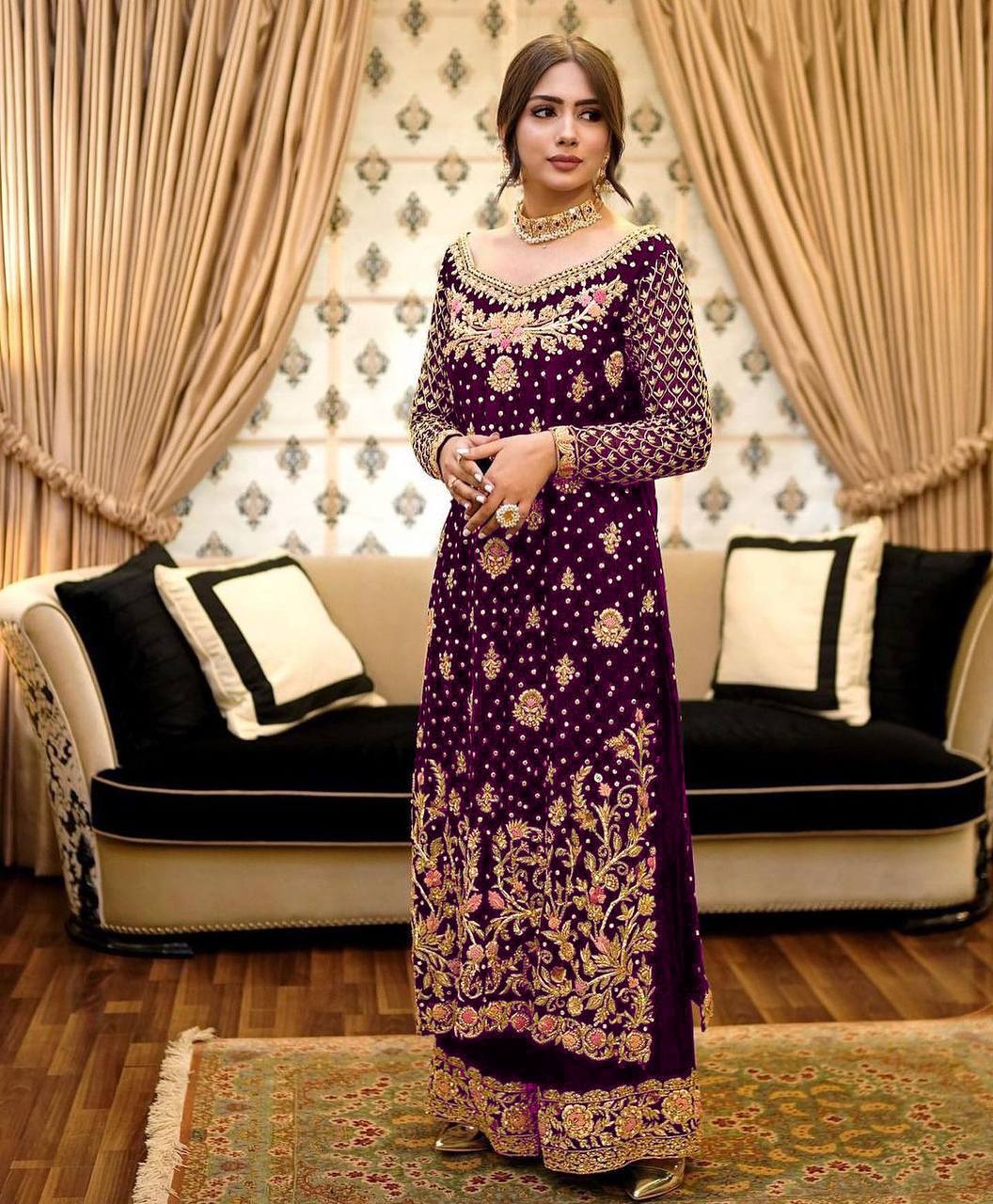 Launching New Winter Collection Beautiful Heavy Embroidery And Riveted Moti Work Top - Plazzo With Dupatta
