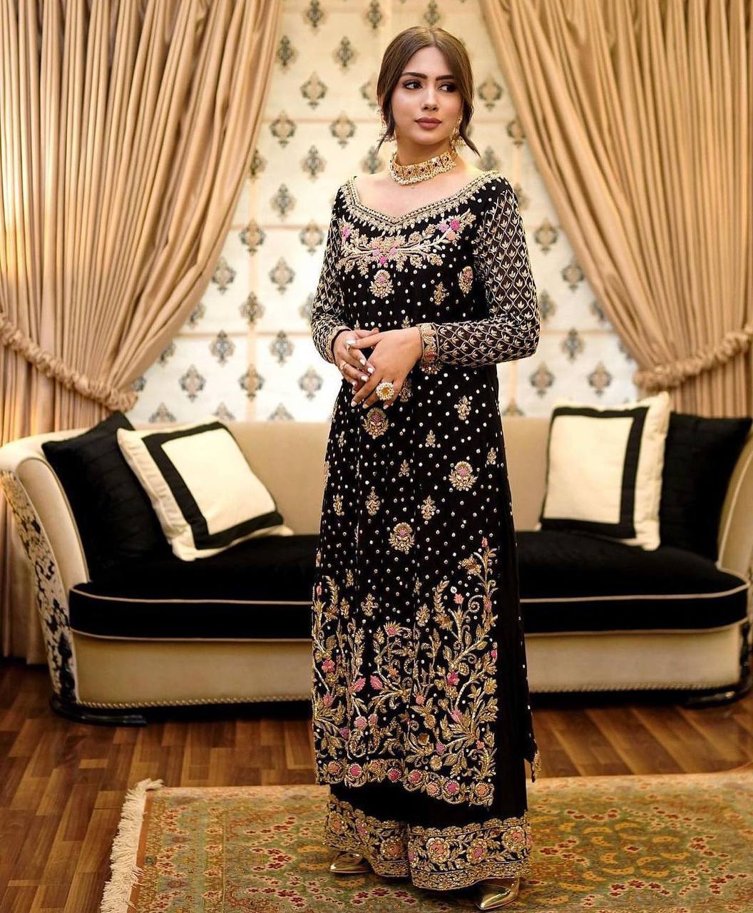 Launching New Winter Collection Beautiful Heavy Embroidery And Riveted Moti Work Top - Plazzo With Dupatta