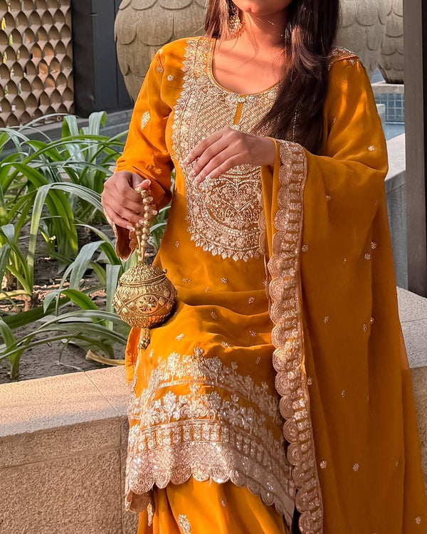 3 PIECE KURTI WITH SHARARA AND BEAUTIFUL DUPATTA WITH EMBROIDERY WORK