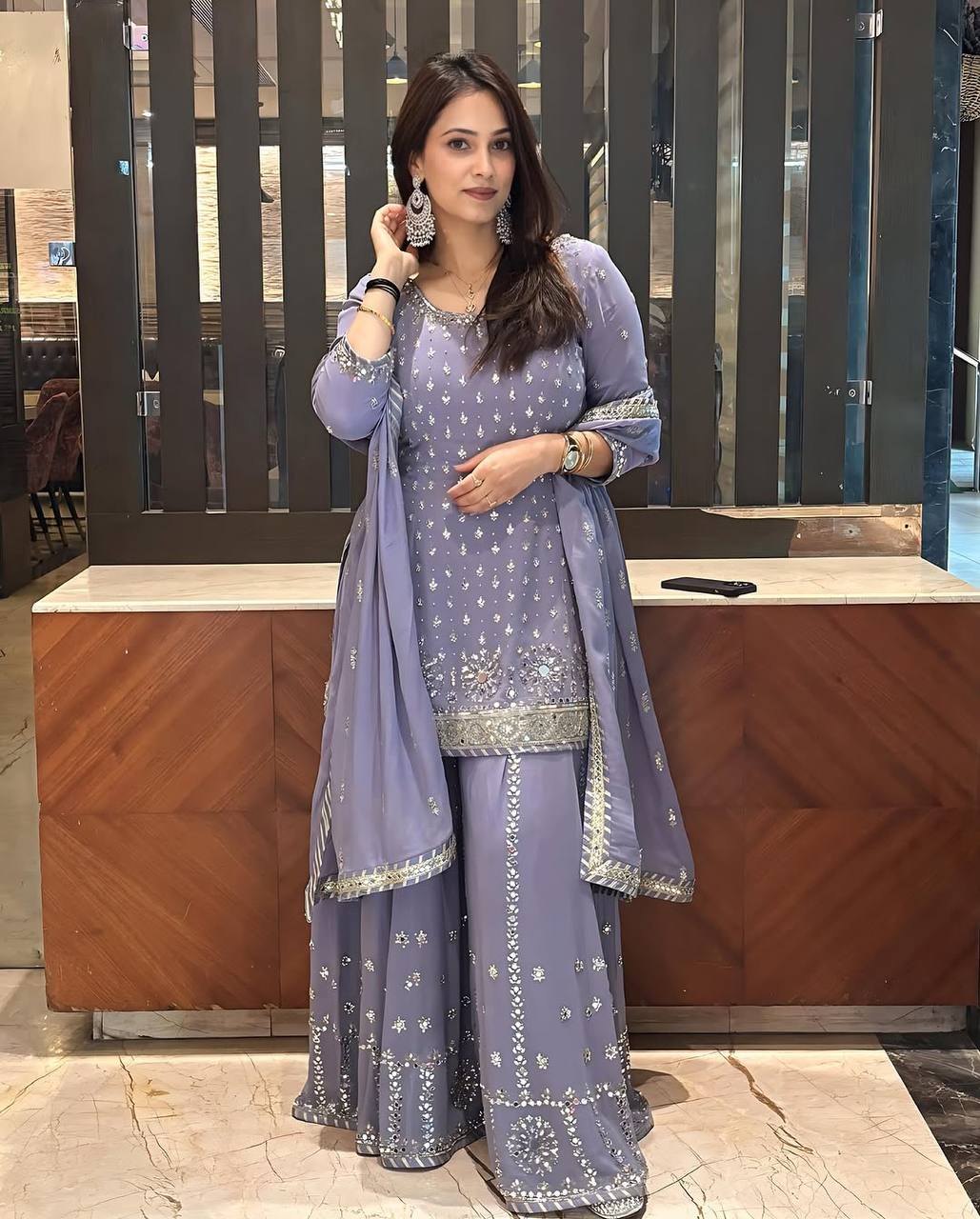 DESIGNER 3 PIS SUIT PARTY WEAR COLLECTION MIRROR WORK EMBROIDER WORK