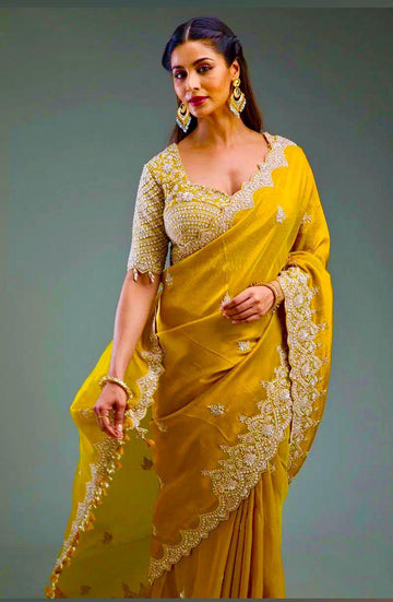 NEW TRENDING GLOD CRUSH FABRIC ON HEAVY EMBRODERY WORK SAREE BLOUSE