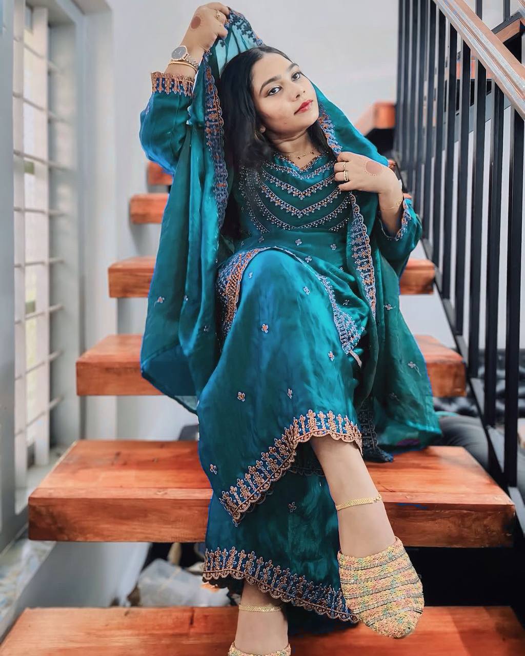 DESIGNER WEAR EXCLUSIVE FENDI SILK FABRIC SEQUENCE EMBROIDERED TOP AND PANT WITH DUPATTA