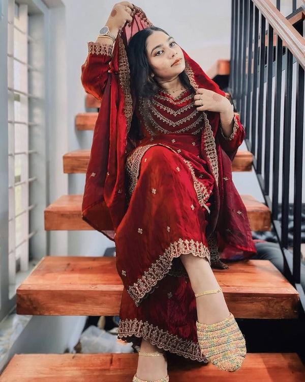 DESIGNER WEAR EXCLUSIVE FENDI SILK FABRIC SEQUENCE EMBROIDERED TOP AND PANT WITH DUPATTA
