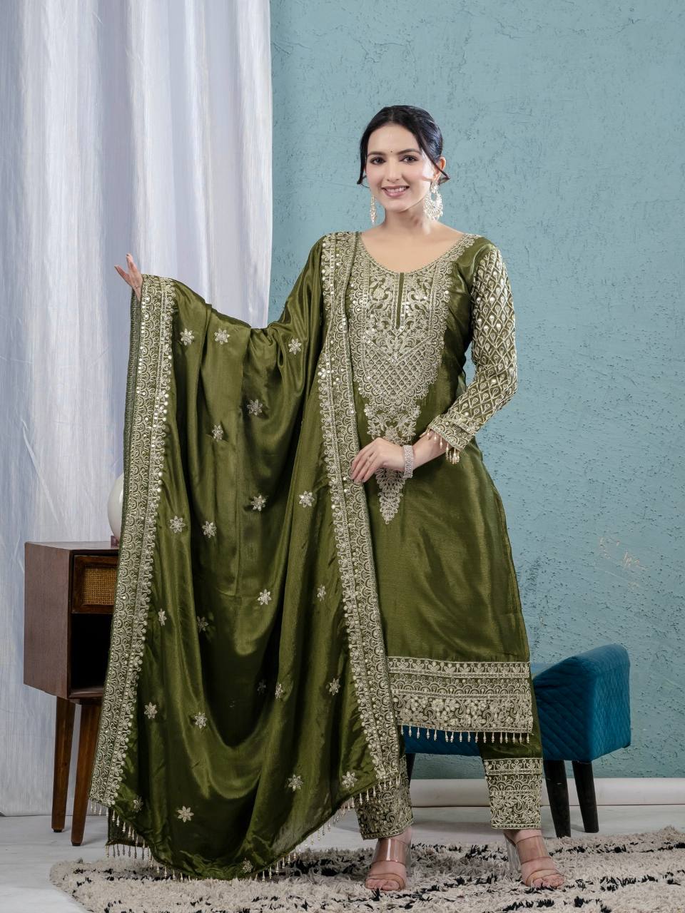 New LUNCHING BEAUTIFUL Pure Heavy Chinnon Silk With *Heavy Embroidery Coding Sequence Work DRESS SET