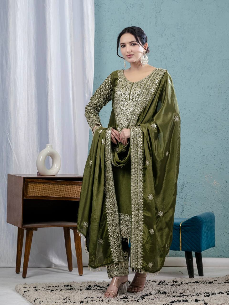 New LUNCHING BEAUTIFUL Pure Heavy Chinnon Silk With *Heavy Embroidery Coding Sequence Work DRESS SET