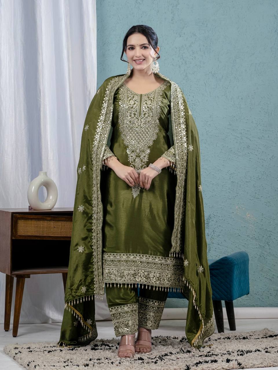 New LUNCHING BEAUTIFUL Pure Heavy Chinnon Silk With *Heavy Embroidery Coding Sequence Work DRESS SET