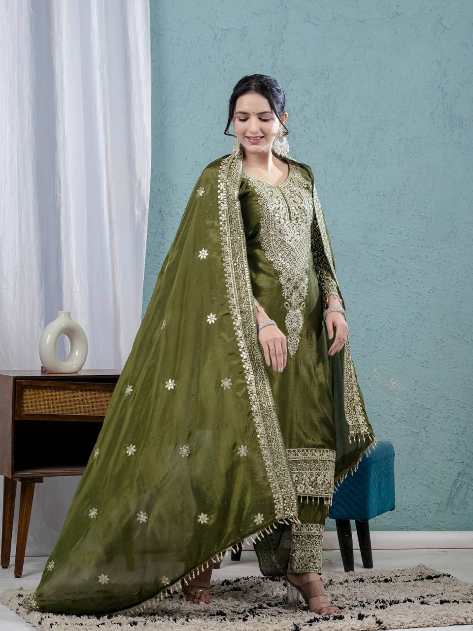 New LUNCHING BEAUTIFUL Pure Heavy Chinnon Silk With *Heavy Embroidery Coding Sequence Work DRESS SET