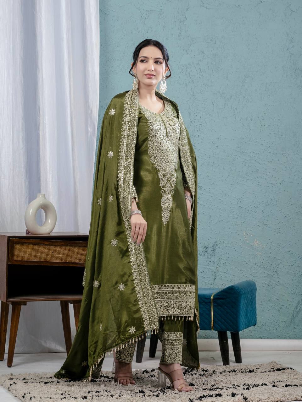 New LUNCHING BEAUTIFUL Pure Heavy Chinnon Silk With *Heavy Embroidery Coding Sequence Work DRESS SET
