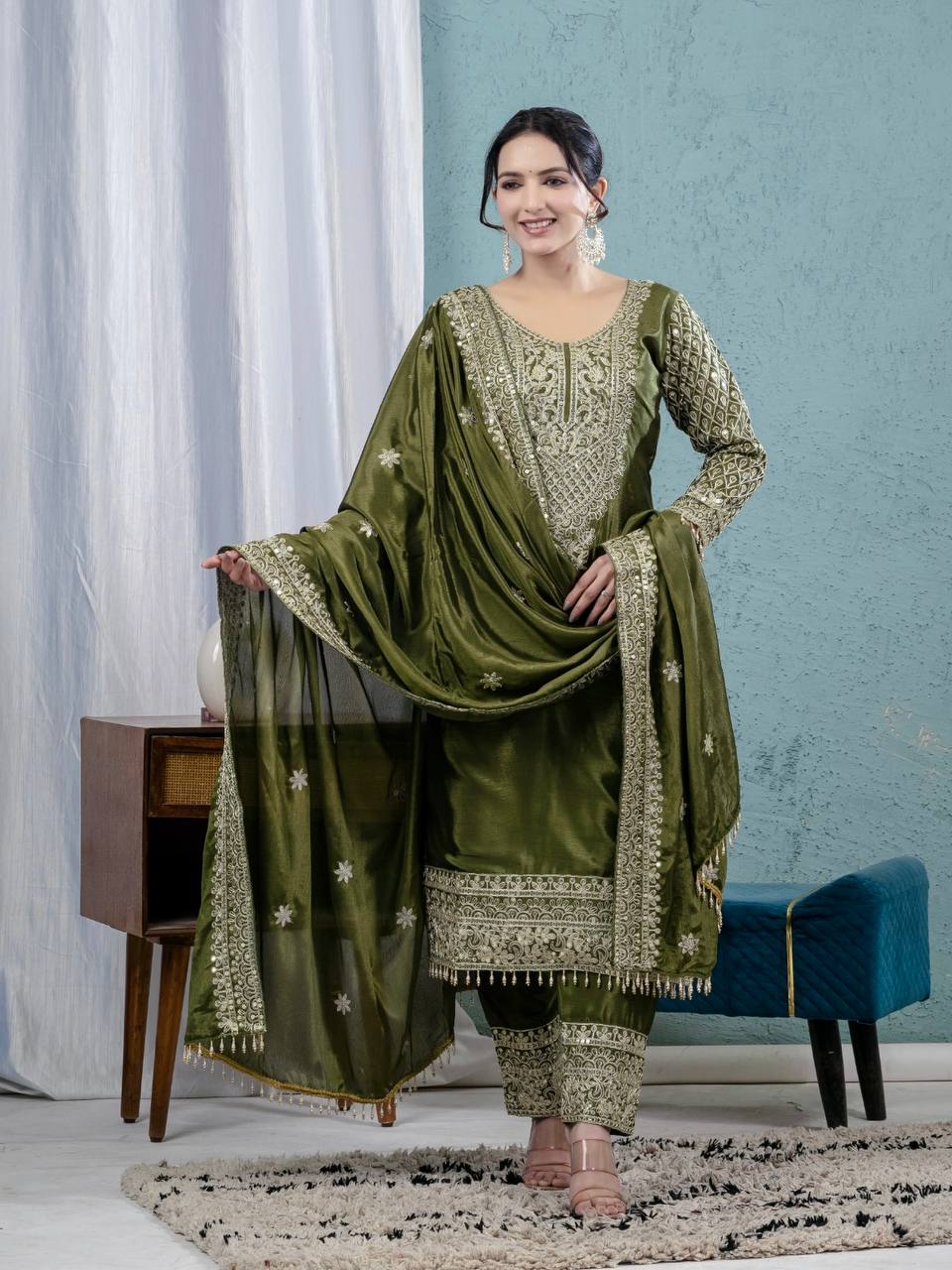 New LUNCHING BEAUTIFUL Pure Heavy Chinnon Silk With *Heavy Embroidery Coding Sequence Work DRESS SET