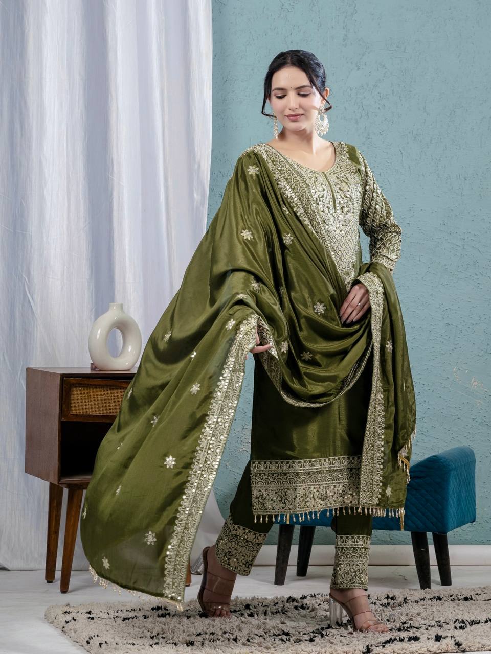 New LUNCHING BEAUTIFUL Pure Heavy Chinnon Silk With *Heavy Embroidery Coding Sequence Work DRESS SET