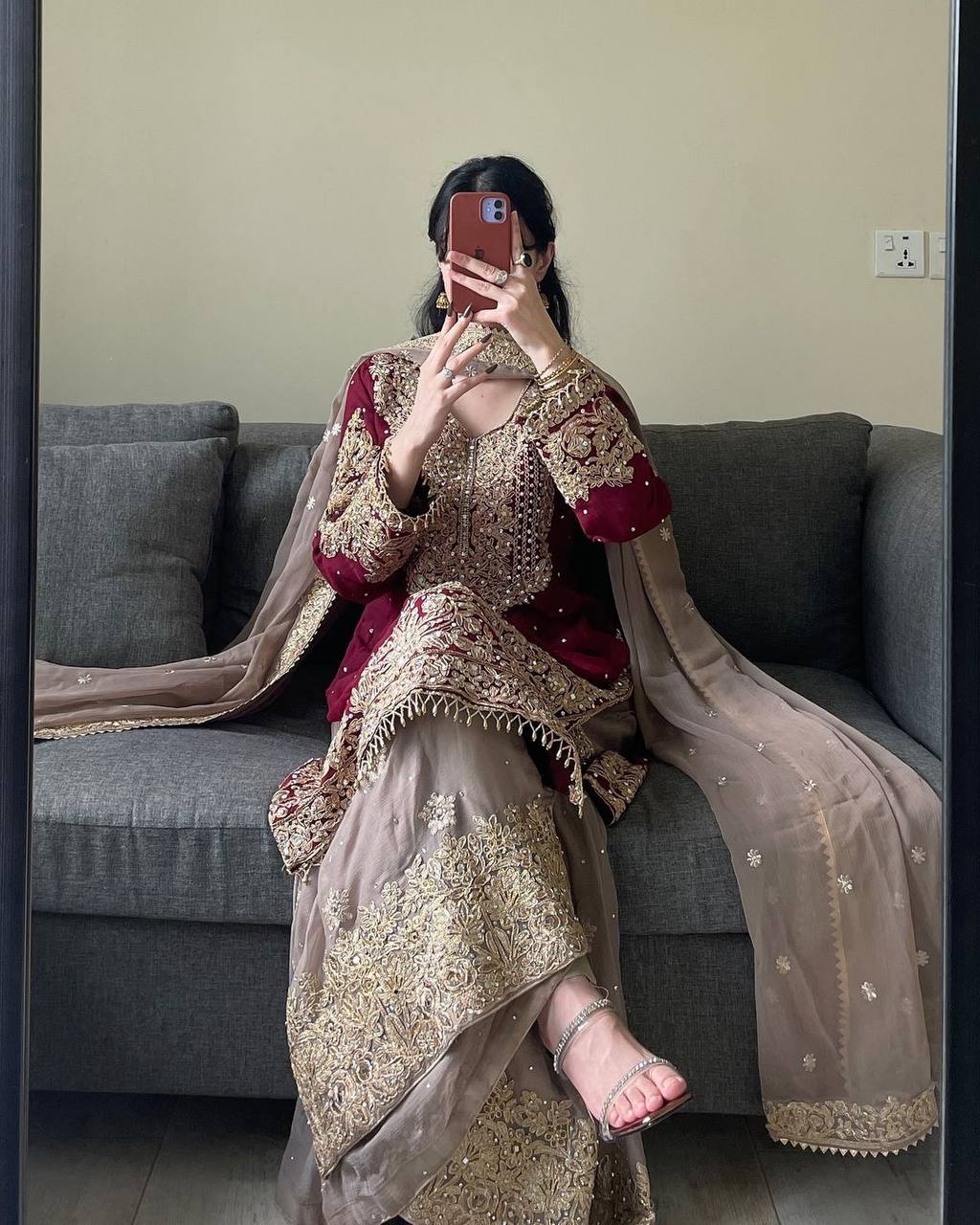 Looking for this same colour beautiful Designer Suit on Faux Georgette EMBROIDERY Work with Inner and Coding