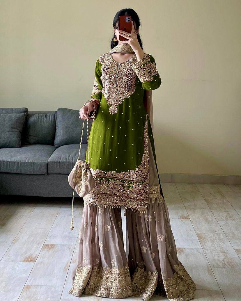 Looking for this same colour beautiful Designer Suit on Faux Georgette EMBROIDERY Work with Inner and Coding