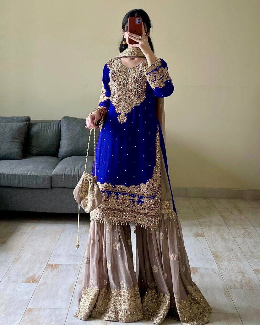 Looking for this same colour beautiful Designer Suit on Faux Georgette EMBROIDERY Work with Inner and Coding