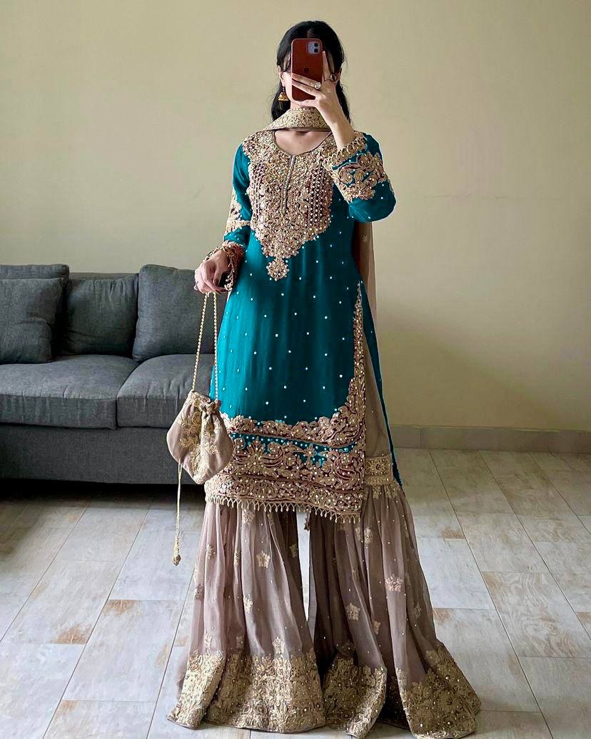 Looking for this same colour beautiful Designer Suit on Faux Georgette EMBROIDERY Work with Inner and Coding