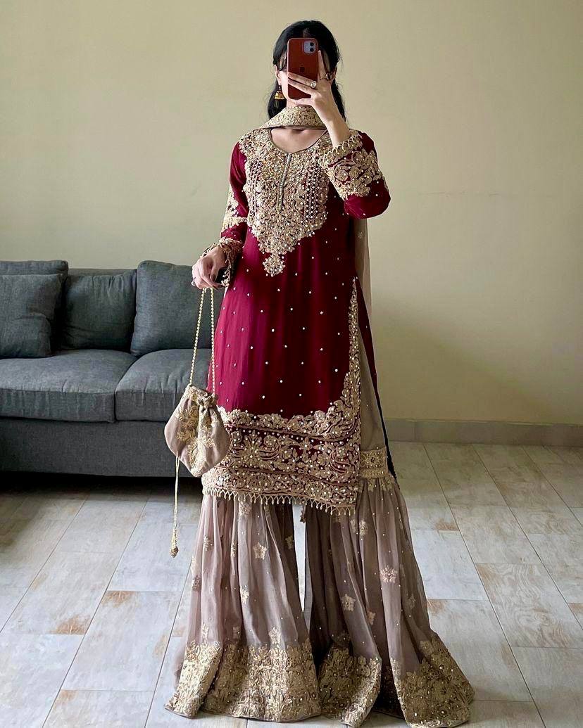 Looking for this same colour beautiful Designer Suit on Faux Georgette EMBROIDERY Work with Inner and Coding