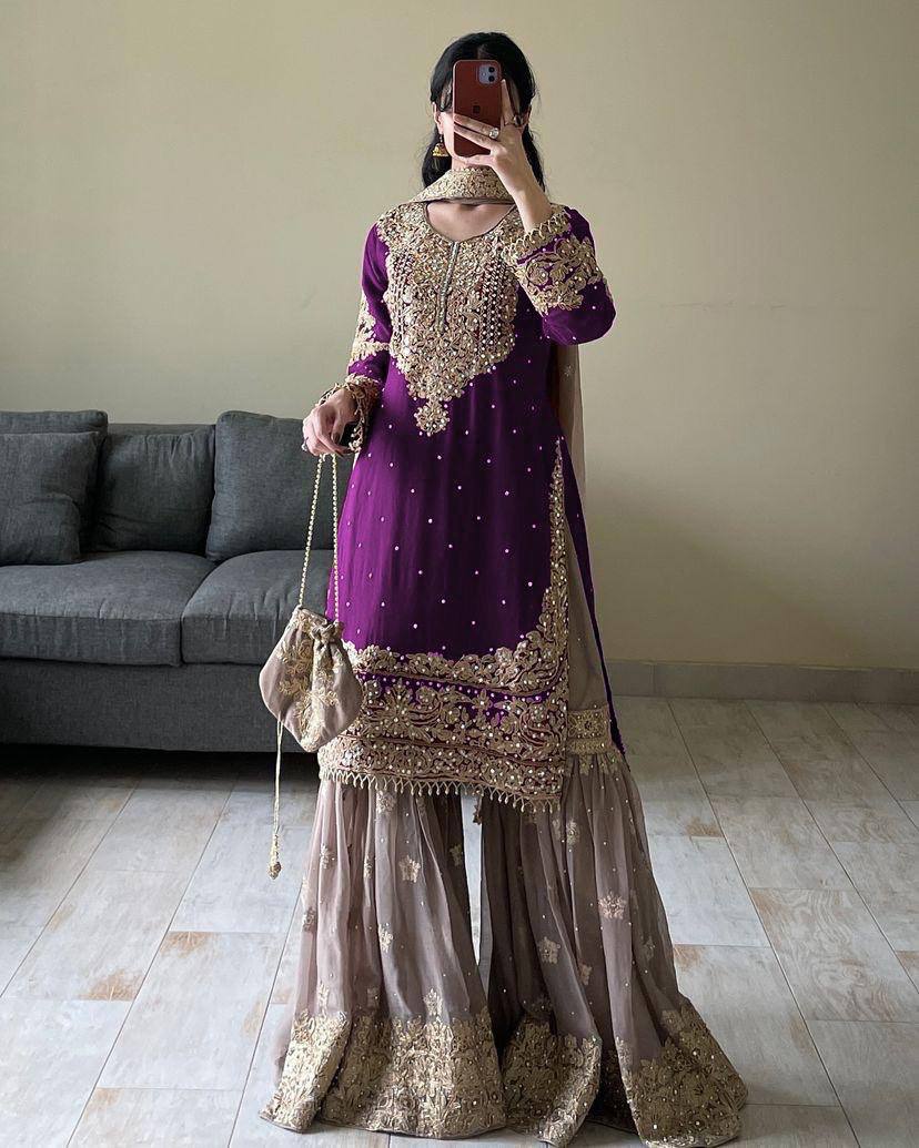 Looking for this same colour beautiful Designer Suit on Faux Georgette EMBROIDERY Work with Inner and Coding