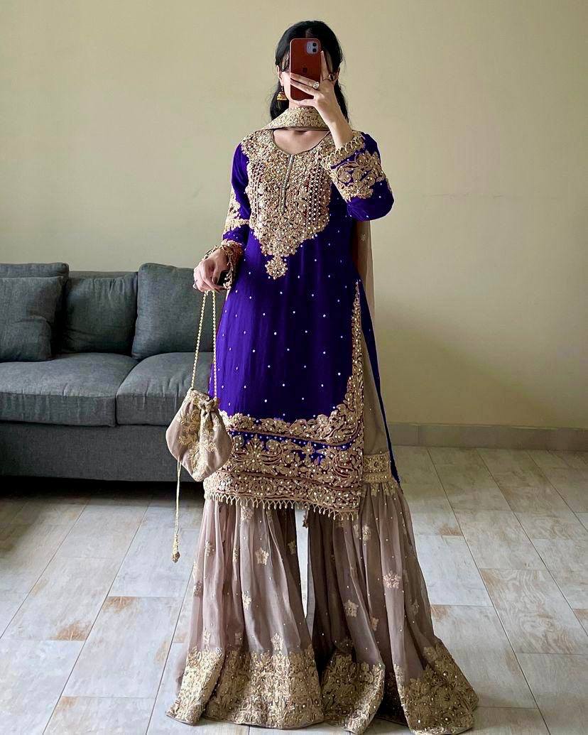 Looking for this same colour beautiful Designer Suit on Faux Georgette EMBROIDERY Work with Inner and Coding