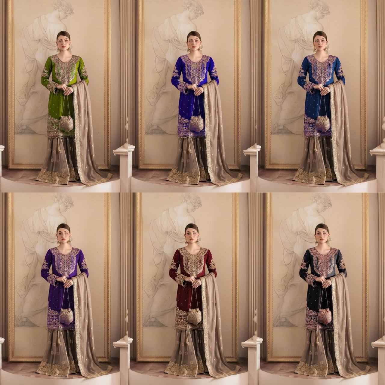 Looking for this same colour beautiful Designer Suit on Faux Georgette EMBROIDERY Work with Inner and Coding