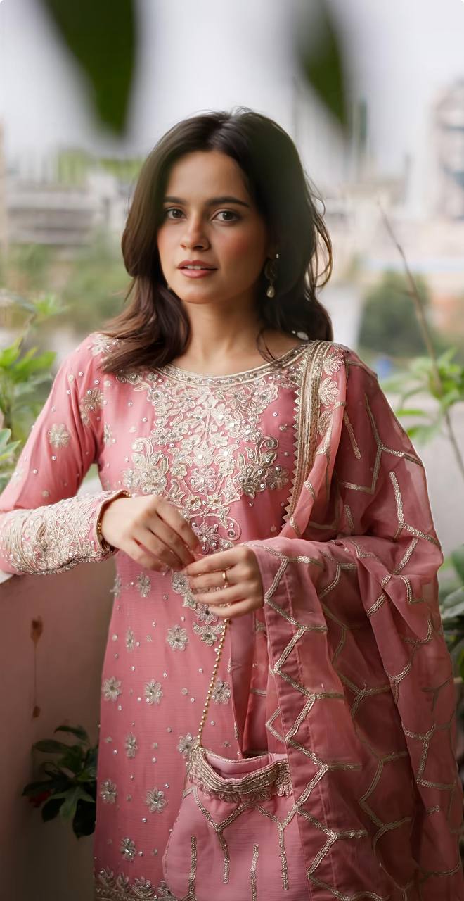 New Collection In Heavy Georgette Top-Plazzo And Dupatta Set Fully Stitched Ready To Wear