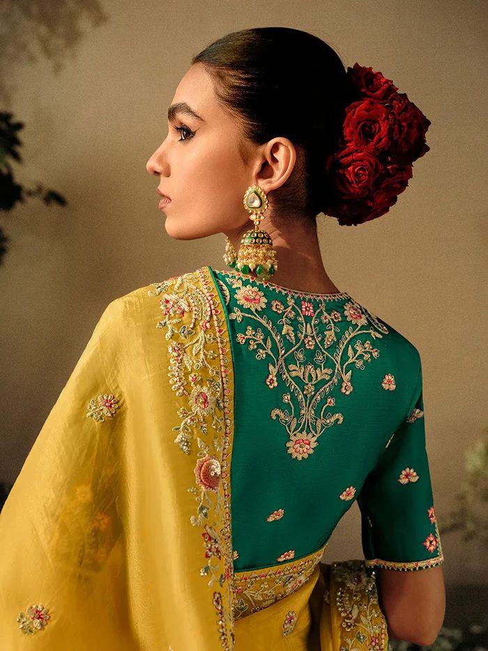 Looking some one for this same colour beautiful  Saree for wedding on premium Soft Chinon Silk fabric with C-pallu Embroidered work & piping  Border with work blouse  blouse Peice