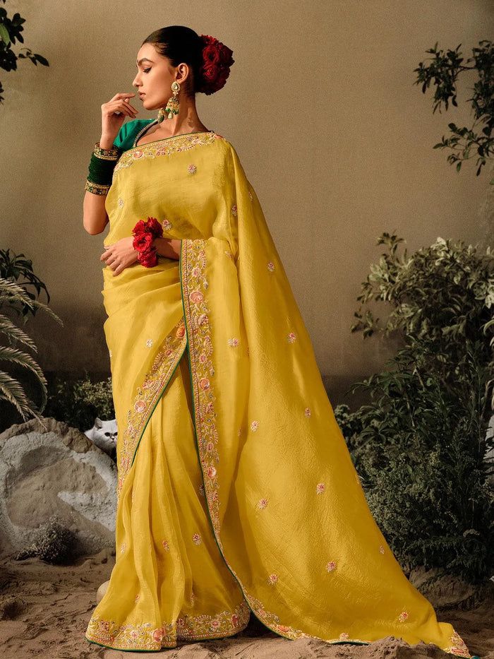 Looking some one for this same colour beautiful  Saree for wedding on premium Soft Chinon Silk fabric with C-pallu Embroidered work & piping  Border with work blouse  blouse Peice