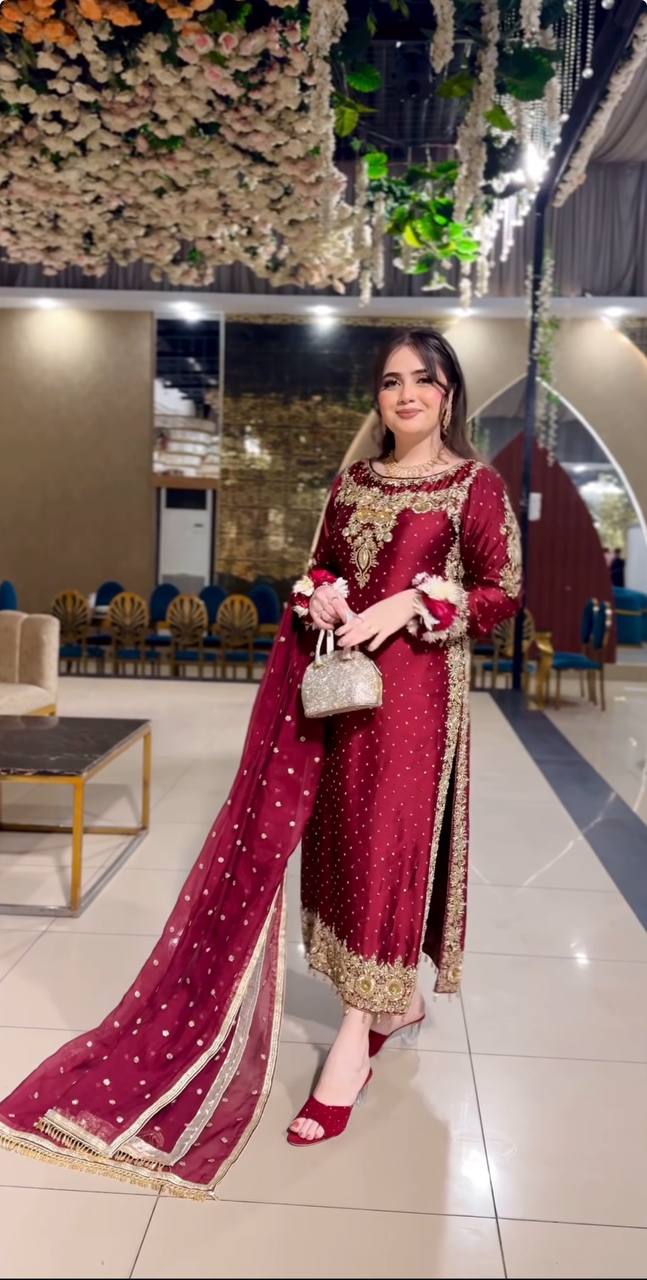Heavy Satin Silk With Heavy Embroidery Sequence Work Dress set