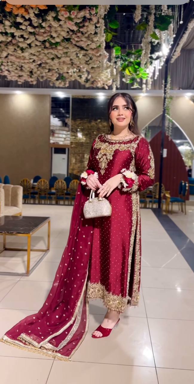 Heavy Satin Silk With Heavy Embroidery Sequence Work Dress set