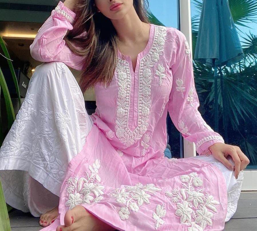 Baby Pink Rayon Cotton Chikankari Kurta Palazzo Set