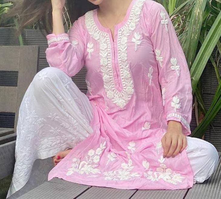 Baby Pink Rayon Cotton Chikankari Kurta Palazzo Set