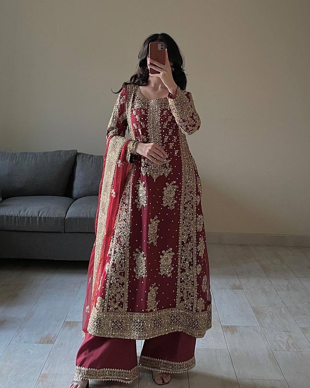 New Super Hit Designe Collection Beautiful Heavy Embroidery Sequins And Riveted Moti Work Top - Plazzo With Dupatta