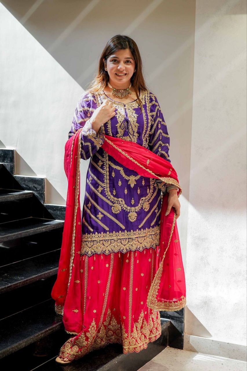 New Designer Party Top Sharara & Dupatta Set WITH Embroidery work