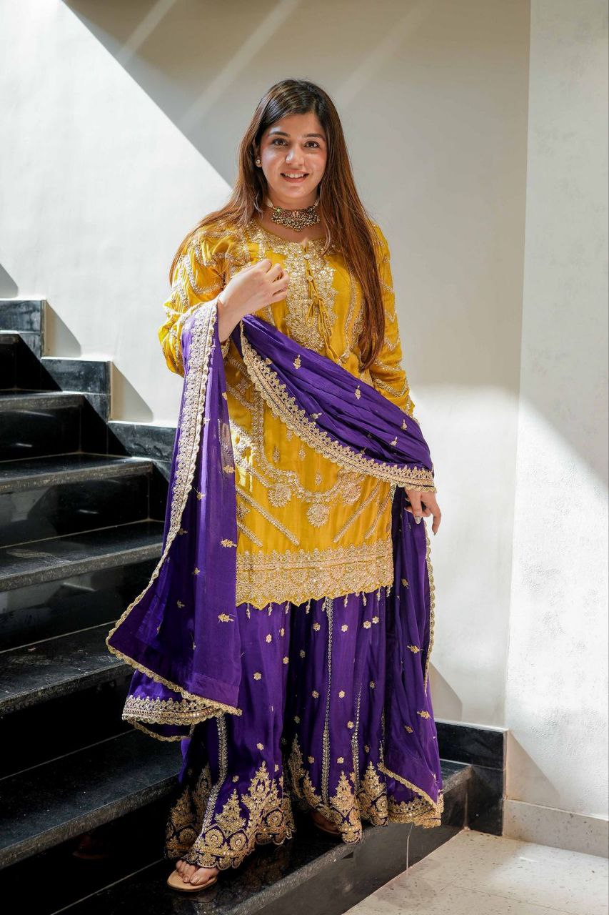 New Designer Party Top Sharara & Dupatta Set WITH Embroidery work